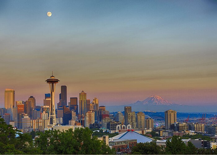 Seattle Greeting Card featuring the photograph Seattle Skyline at Sunset HDR by Scott Campbell