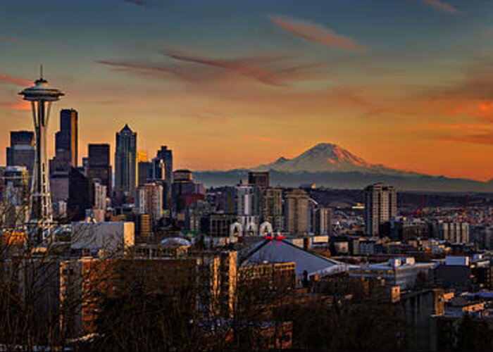 Skyline Greeting Card featuring the photograph Seattle Sunset Panorama by Mary Jo Allen