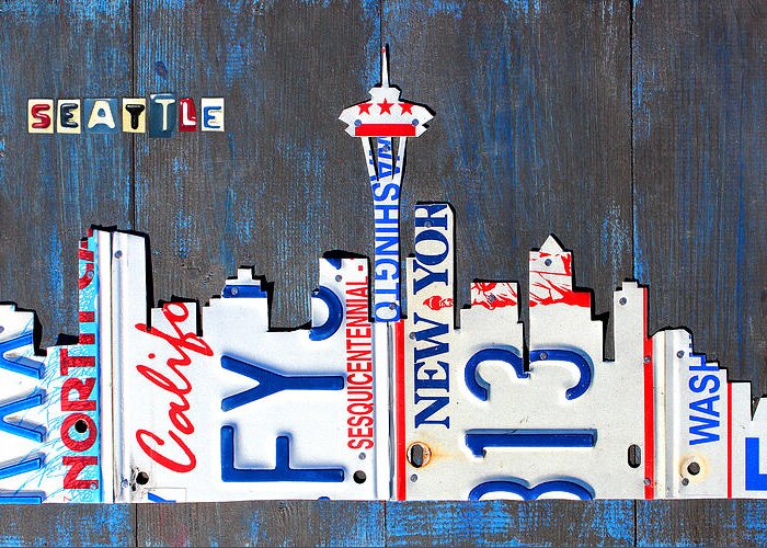 License Plate Map Greeting Card featuring the mixed media Seattle Washington Space Needle Skyline License Plate Art by Design Turnpike by Design Turnpike