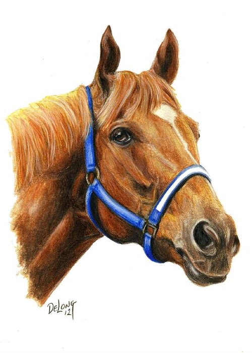 Secretariat Greeting Card featuring the painting Secretariat with halter by Pat DeLong