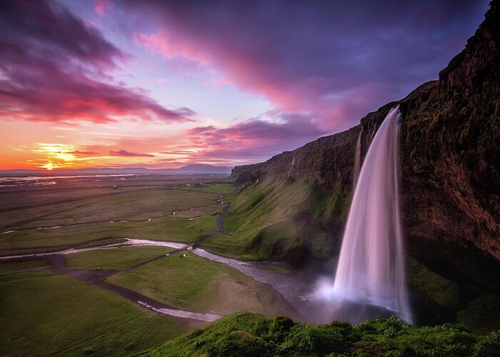 South Central Iceland Greeting Card featuring the photograph Seljalandsfoss Waterfall Midnight Sunset by Sandro Bisaro