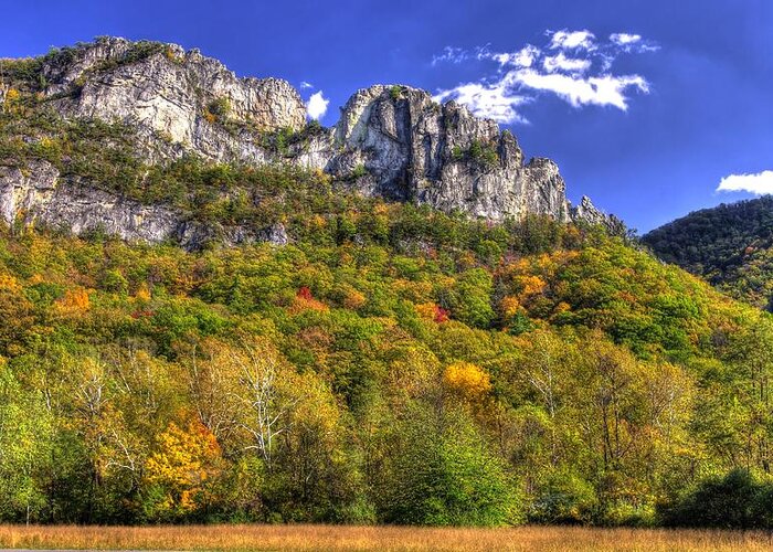 West Virginia Greeting Card featuring the photograph Seneca Rocks - 1A Seneca Rocks National Recreation Area WV Autumn Mid-Afternoon by Michael Mazaika