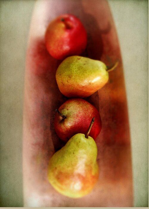 Fruit Greeting Card featuring the photograph September Harvest Pears on a Copper Tray by Louise Kumpf