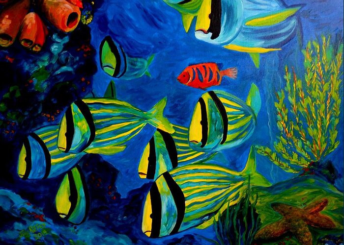 Fish Greeting Card featuring the painting Serious Stripes - Colorful fish by Julie Brugh Riffey