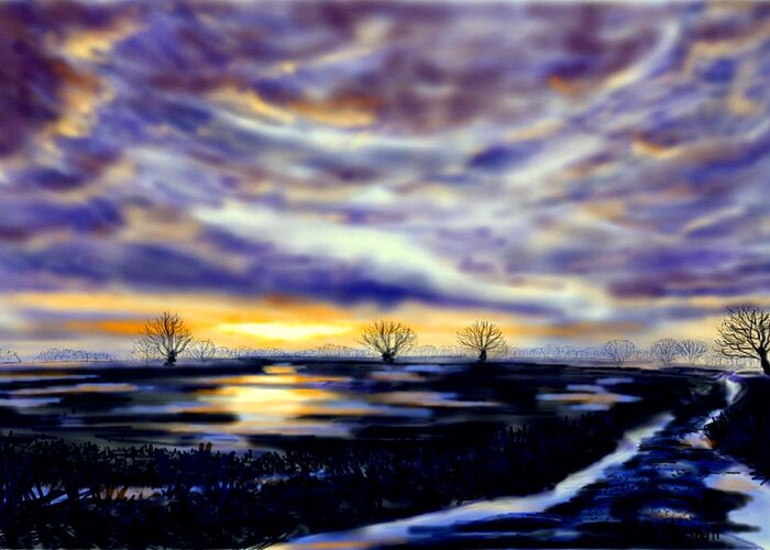 Ipad Greeting Card featuring the painting Setting Sun over Flooded Fields by Glenn Marshall