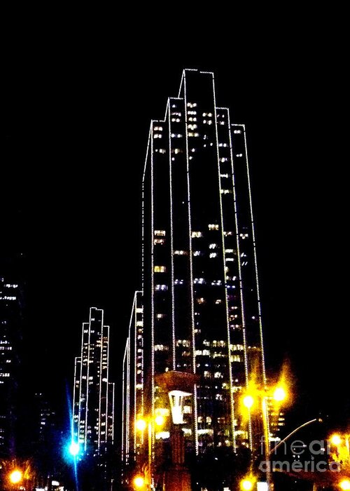 Sf.night.light Up.black.yellow.blue.white.modern.city.high Building.sky.line.energy. Greeting Card featuring the photograph SF night light up by Kumiko Mayer