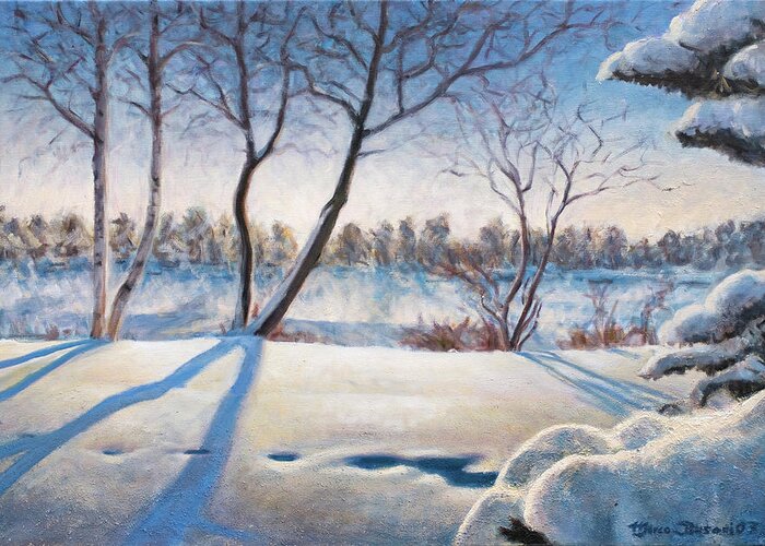 Snow Greeting Card featuring the painting Shadows on the snow by Marco Busoni