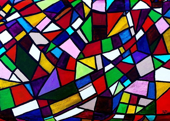 Stained Glass Greeting Card featuring the mixed media Shattered by Deborah Stanley