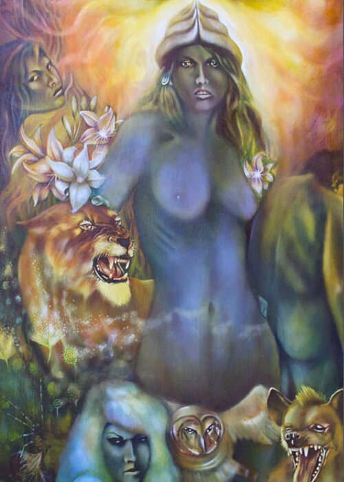 Goddess Framed Prints Greeting Card featuring the painting She The Flowering of Ishtar by Roger Williamson