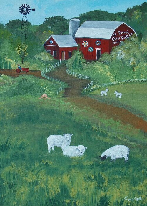 Landscape Greeting Card featuring the painting Sheeps In the Meadow by Virginia Coyle