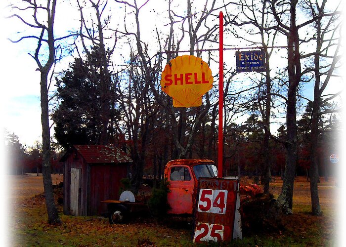 Service Station Trucks Greeting Card featuring the digital art Shell Gas Station and Out House by K Scott Teeters