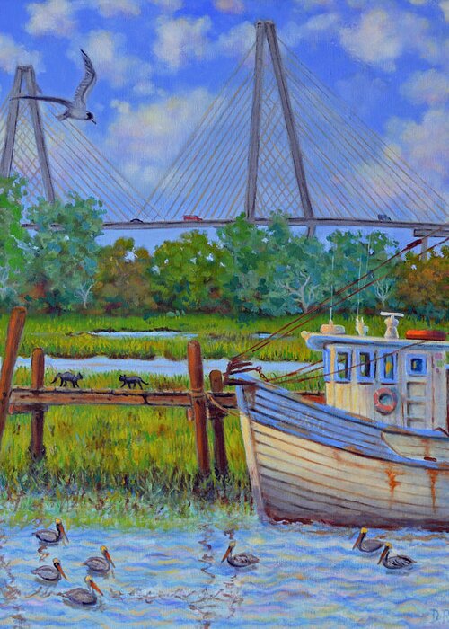 Ravenal Bridge Greeting Card featuring the painting Shem Creek View of Bridge by Dwain Ray