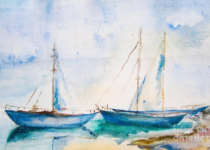 Art Greeting Card featuring the painting Ships in the sea by Regina Jershova