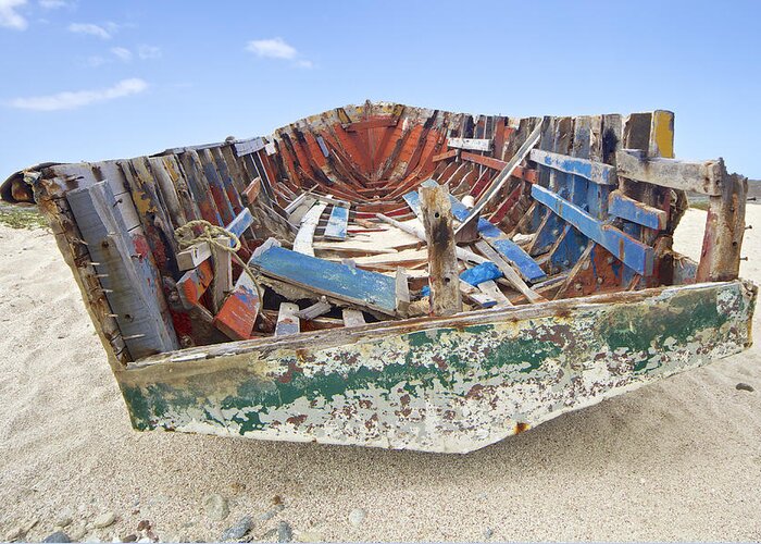 Aged Greeting Card featuring the photograph Shipwrecked Fishing Boat of Aruba by David Letts
