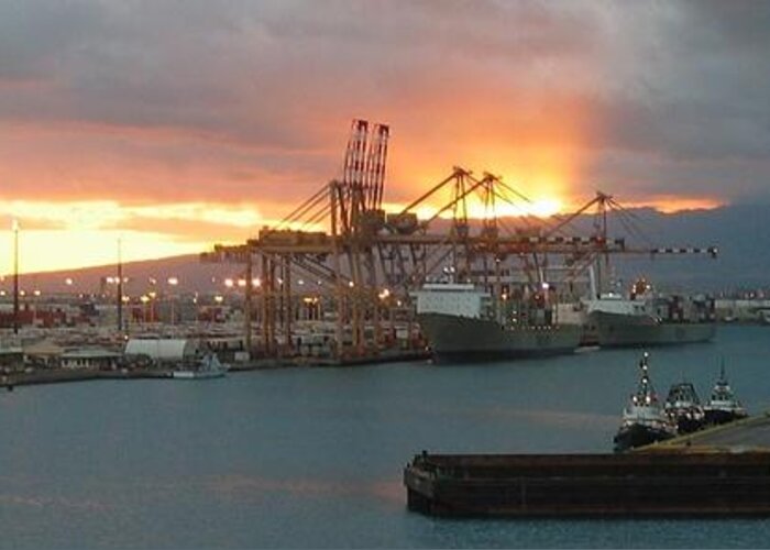 Shipyard Greeting Card featuring the photograph Shipyard Sunset - Honolulu by Photographic Arts And Design Studio