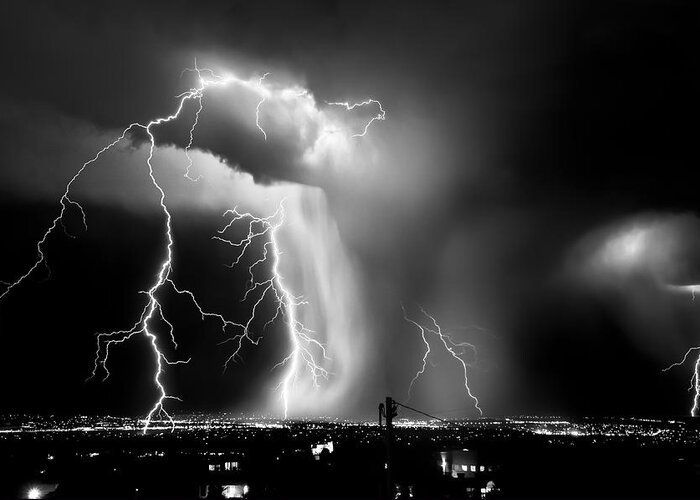 Lightning Storms Thunderstorms black And White Bw Clouds Rain Thunder City Lights Night Extreme Weather severe Weather Albuquerque new Mexico Nm Sw Southwest Desert high Desert roch Hart Greeting Card featuring the photograph Shock Attack by Roch Hart