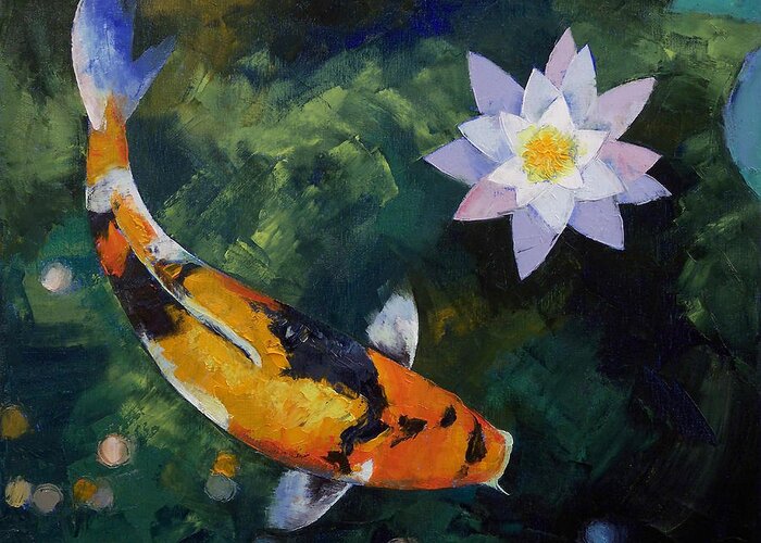 Showa Greeting Card featuring the painting Showa Koi and Water Lily by Michael Creese