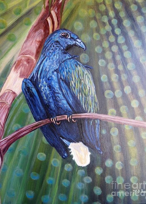 Nature Scene Bird Paintings Blue Pigeon Nicobar Pigeon Tree Perched On A Tree Limb Special Lighting Effect With Light Refracted Into Circles Acrylic Paintings Iridescent Circles Of Light Bokeh Effects Greeting Card featuring the painting Showered with the Light of His Creation by Kimberlee Baxter