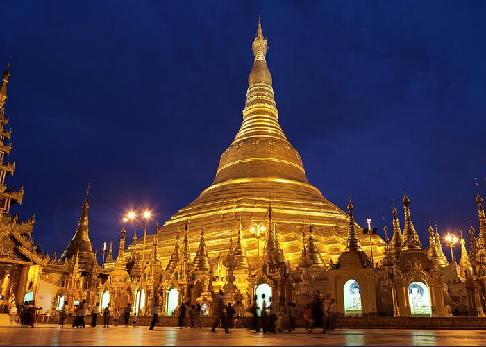 Pagoda Greeting Card featuring the photograph Shwedagon Paya At Night by Joji