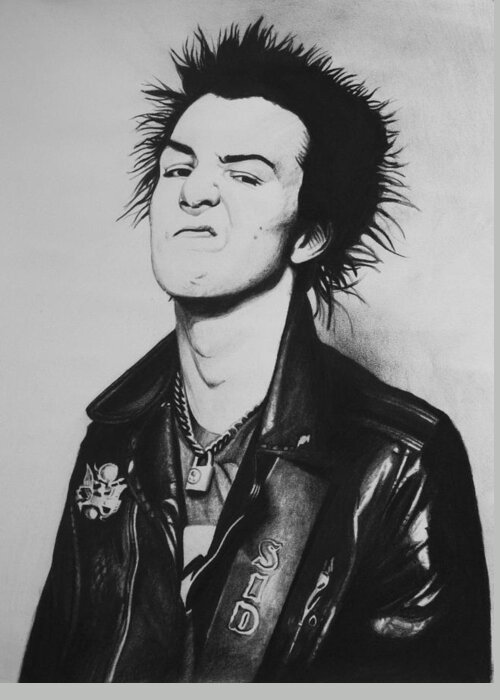 Sid Vicious Johnny Rotten Sex Pistols Punk Art Portrait Charcoal Black And White Greeting Card featuring the drawing Sid Vicious by Steve Hunter