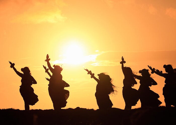Photography Greeting Card featuring the photograph Silhouette Of Hula Dancers At Sunrise by Panoramic Images