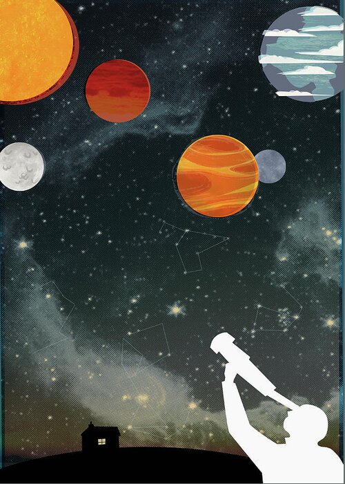 Adult Greeting Card featuring the photograph Silhouette Of Man With Telescope by Ikon Ikon Images