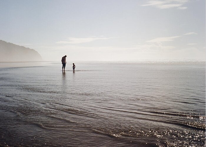 Child Greeting Card featuring the photograph Silhouettes Of Father And Child At Beach by Danielle D. Hughson