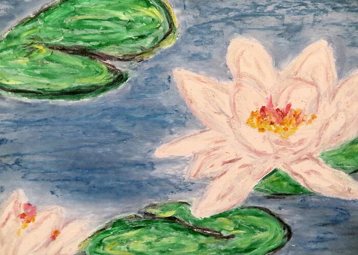 Water Lillies Color Impressionism Color Marsh Plant Aquatic Silver Green Color Pink Yellow White Simplistic Style Ocean Greeting Card featuring the pastel Silver lillies by Daniel Dubinsky