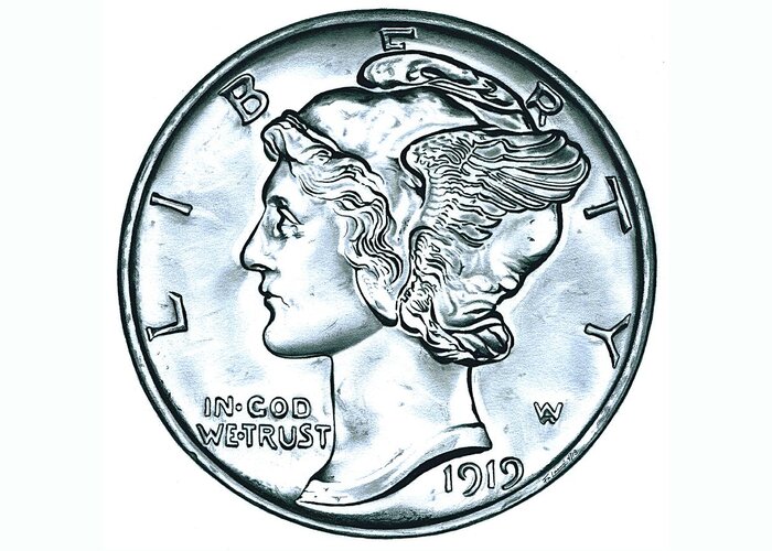 Coin Greeting Card featuring the drawing Silver Mercury Dime by Fred Larucci