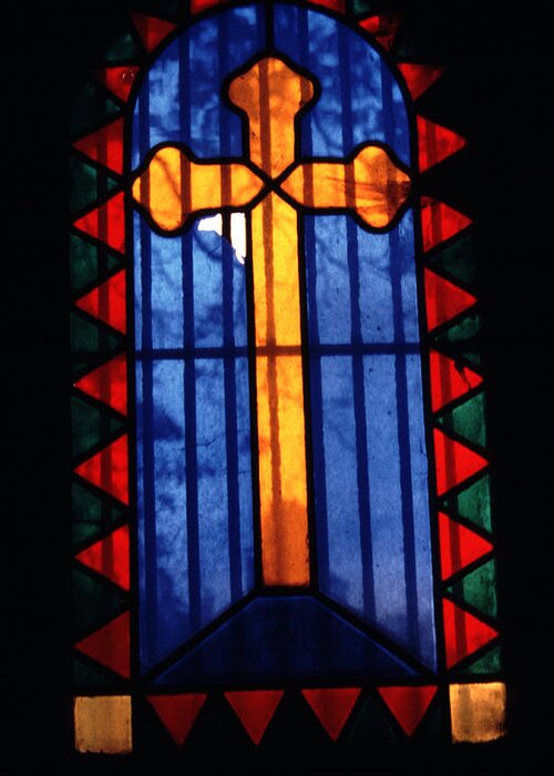 Moving Greeting Card featuring the photograph Simple Stain Glass Cross Pere Lachaise Paris by Tom Wurl