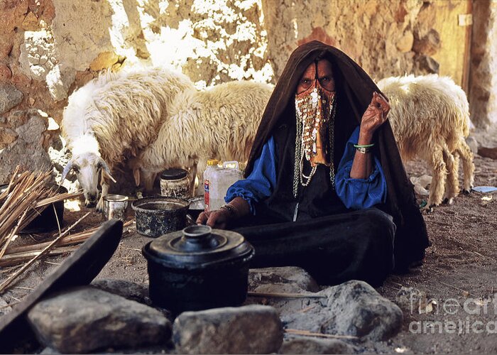 Heiko Greeting Card featuring the photograph Sinai Bedouin Woman in her Kitchen by Heiko Koehrer-Wagner