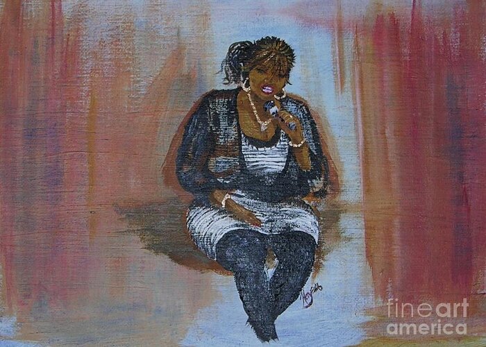 Woman Singing Into Microphone Greeting Card featuring the painting Sing Sandy Sing by Barbara Hayes
