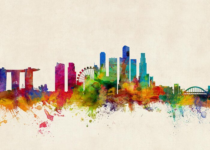 Singapore Greeting Card featuring the digital art Singapore Skyline by Michael Tompsett