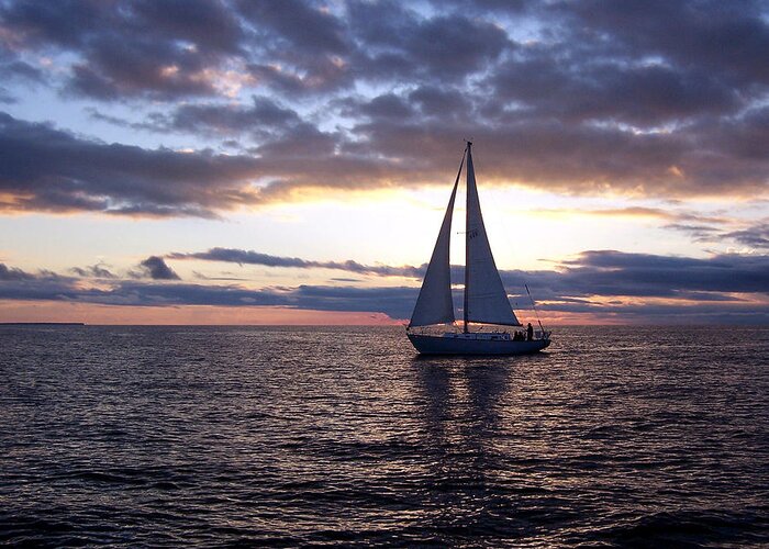 Sailboat Greeting Card featuring the photograph Sister Bay Sunset Sail 1 by David T Wilkinson