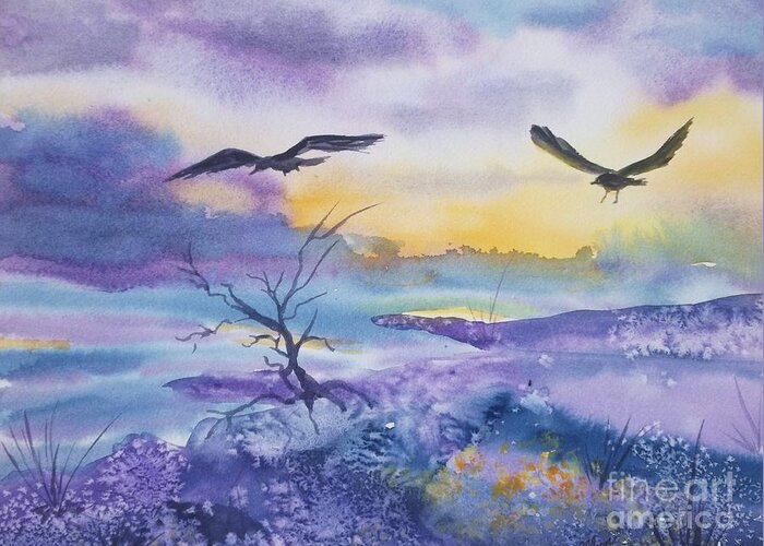 Ravens Greeting Card featuring the painting Sister Ravens by Ellen Levinson