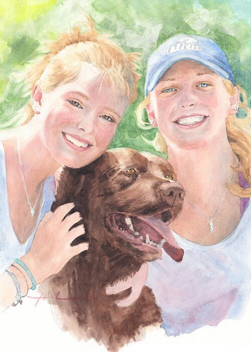 <a Href=http://miketheuer.com Target =_blank>www.miketheuer.com</a> Sisters & Chocolate Lab In Sun Watercolor Portrait Greeting Card featuring the painting Sisters And Chocolate Lab In Sun Watercolor Portrait by Mike Theuer