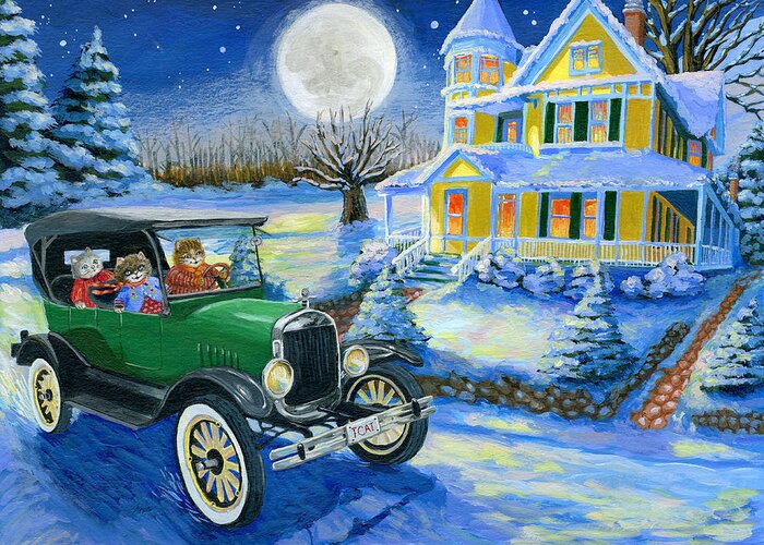 Car Model T Ford Vehicle Car Victorian House Cats Feline Kitten Winter Snow Moon Trees Whimsical Stars Night Cold Landscape Greeting Card featuring the painting Sister's Winter Jaunt by Jacquelin L Westerman