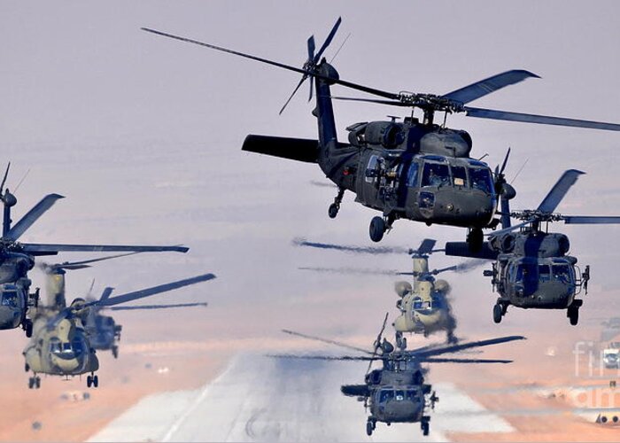 Helicopters Greeting Card featuring the photograph Six UH-60L Black Hawks and two CH-47F Chinooks by Paul Fearn