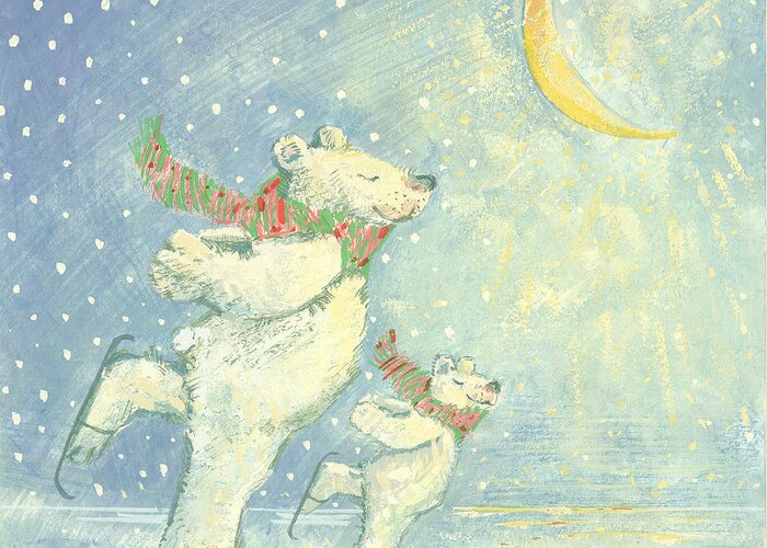 Ice; Smiling; Happy; Bear; Snow; Crescent Moon; Christmas Card; Blizzard; Children's Illustration Greeting Card featuring the painting Skating Polar Bears by David Cooke
