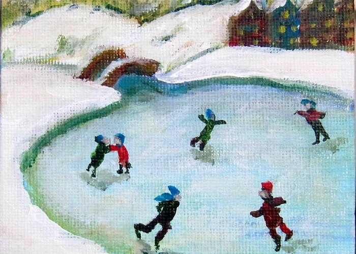 Ice Skate Greeting Card featuring the painting Skating Pond by Laurie Morgan