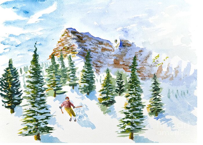 Skier Greeting Card featuring the painting Skier in the Trees by Walt Brodis