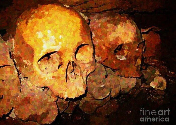 Skulls In The Paris Catacombs Greeting Card featuring the painting Skulls in the Paris Catacombs by John Malone