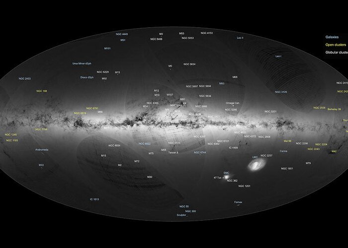 Science Greeting Card featuring the photograph Sky Map, Gaia Satellite Annotated by Science Source