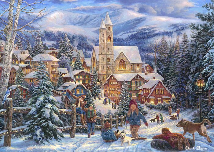 Christmas Village Greeting Card featuring the painting Sledding to Town by Chuck Pinson