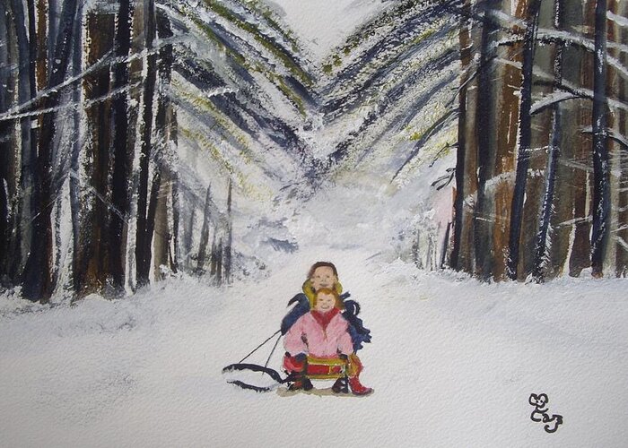Snow Greeting Card featuring the painting Sledging in the wood by Carole Robins