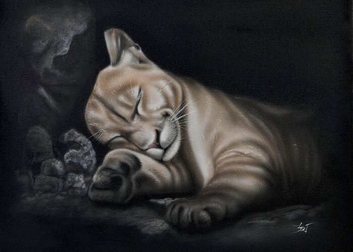 Airbrushed Oil Greeting Card featuring the painting Sleeping Lion by Sam Davis Johnson