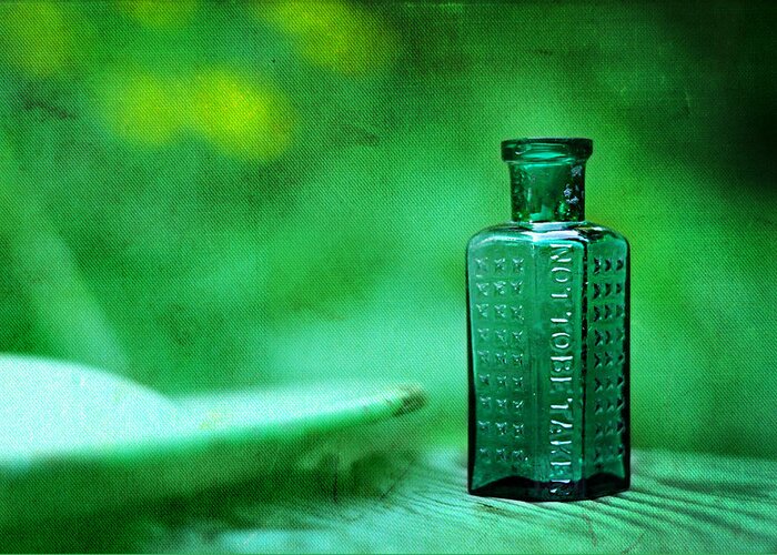 not To Be Taken Greeting Card featuring the photograph Small Green Poison Bottle by Rebecca Sherman