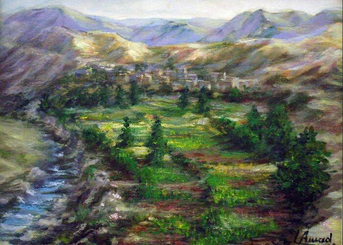 Landscape Greeting Card featuring the painting Ourika Valley by Laila Awad Jamaleldin