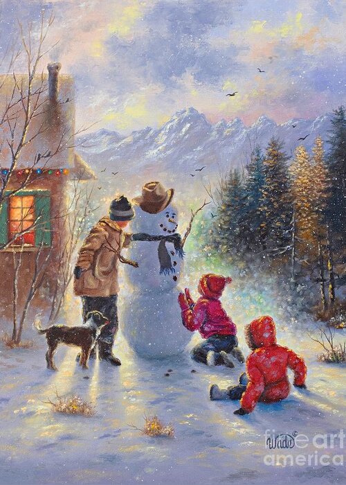 Snowman Paintings Greeting Card featuring the painting Snowman Three Kids by Vickie Wade
