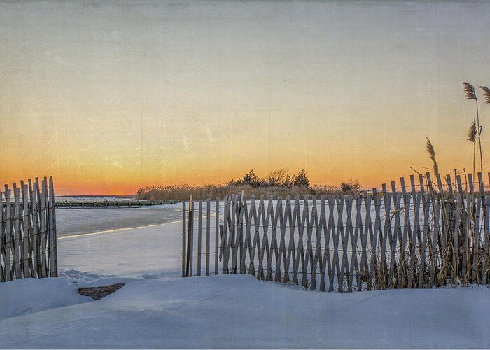 Fence Greeting Card featuring the photograph Snow Fence Sunset by Cathy Kovarik